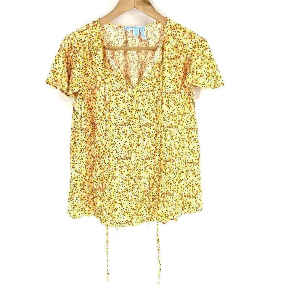 Draper James Top Size XL Pink Yellow Flutter Sleeve Tie Neck Floral Print Blouse